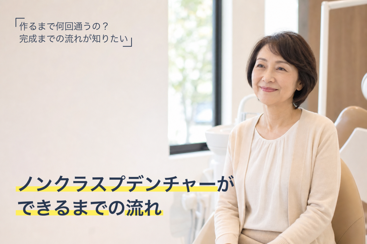ノンクラスプデンチャーができるまでの作製の流れと通院回数を解説するイメージ